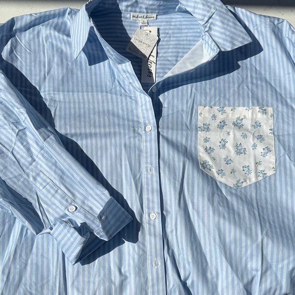 For Love And Lemons Blue Striped Shirt with Floral Pocket - Picture 2 of 7